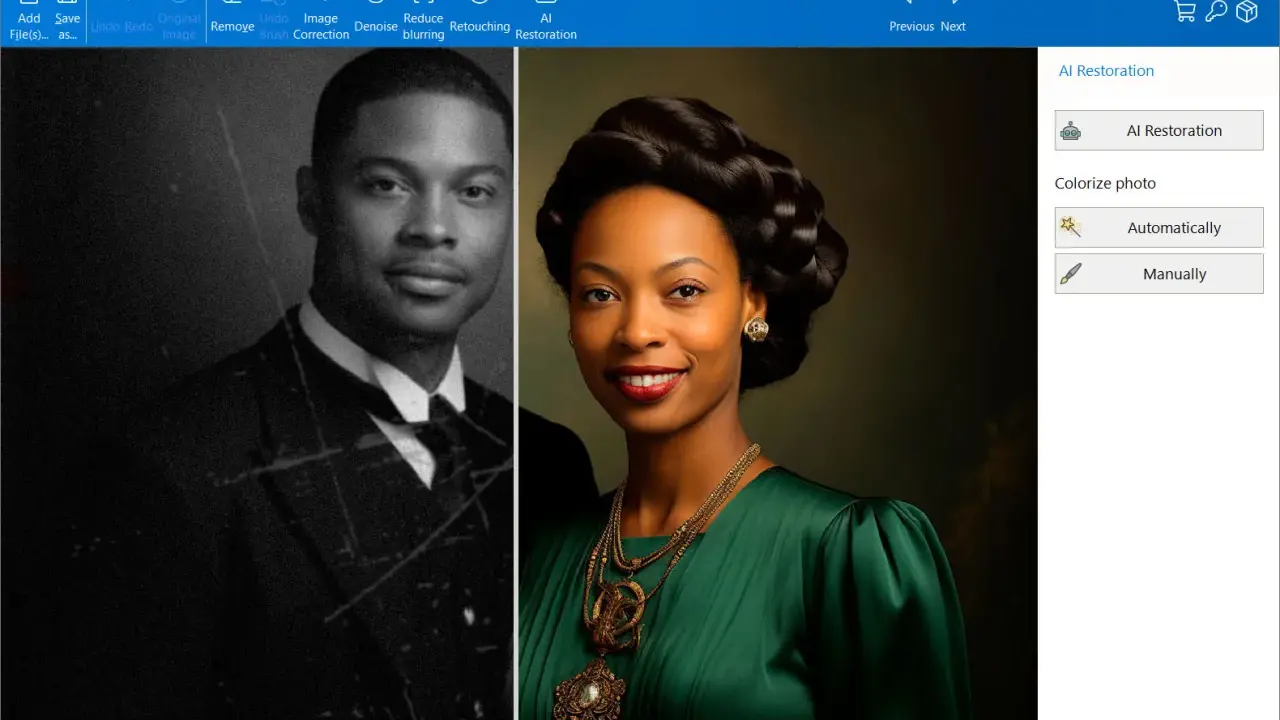 Un uomo in bianco e nero, graffiato, accanto a una donna colorata e ritoccata. L'app per fotografie mostra la trasformazione.