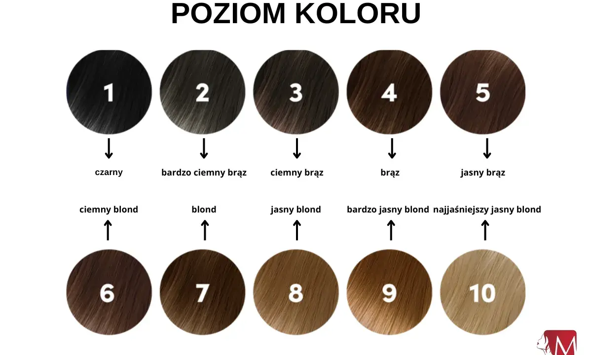 Paleta odcieni farb do włosów: od czarnego (1) przez różne brązy (2-5) po blondy (6-10).