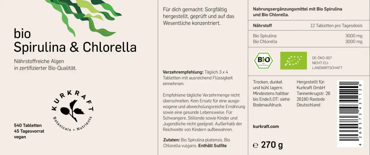 Bio Spirulina & Chlorella Tabletten. Die positive Spirulina Wirkung auf die Psyche wird durch die Nährstoffe unterstützt. 540 vegane Tabletten.