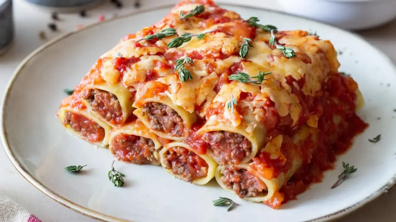 Pyszne cannelloni z mięsem mielonym, zapieczone pod sosem pomidorowym i serem, ozdobione gałązkami tymianku.