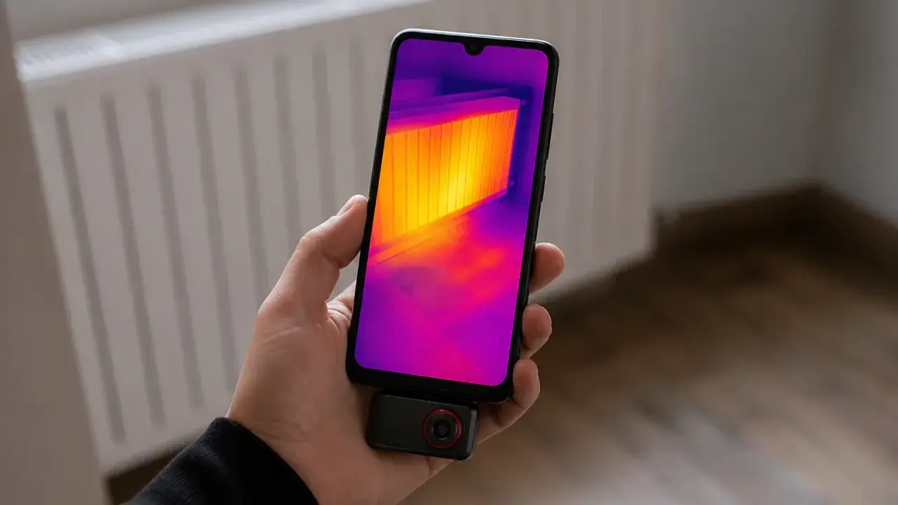 Telefon z termowizją pokazuje ciepło grzejnika.