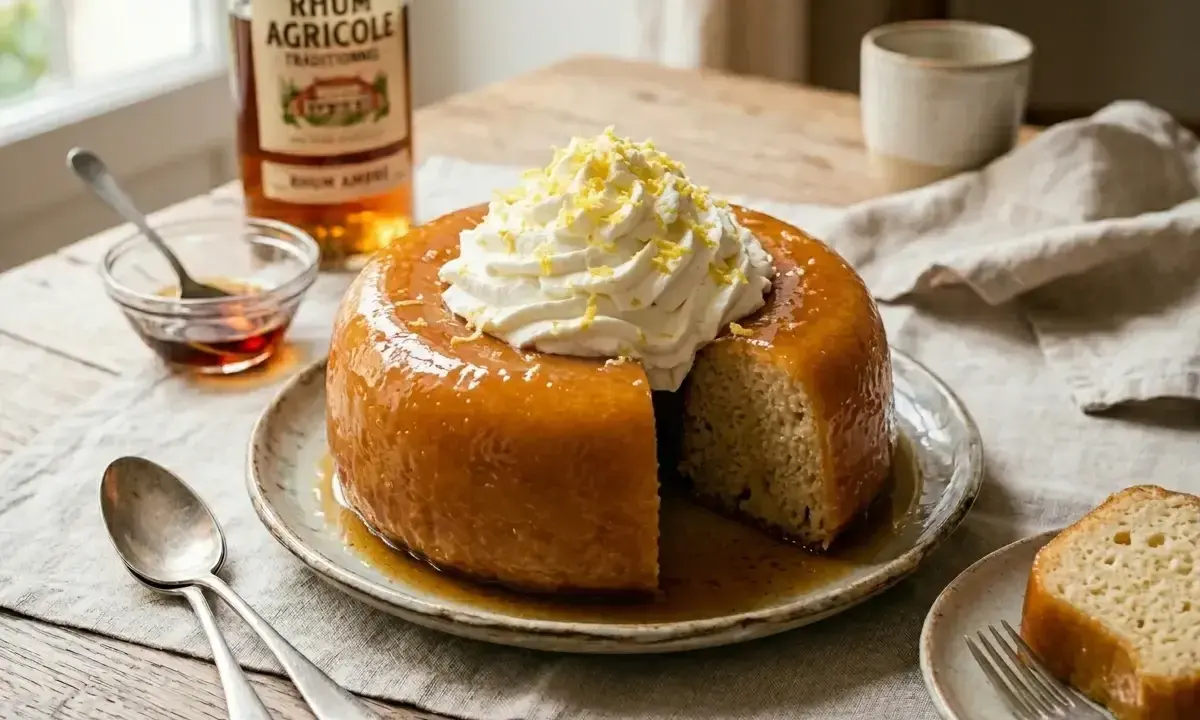 Un baba au rhum moelleux, nappé de sirop et garni de chantilly, prêt à être dégusté. Une invitation à la gourmandise.