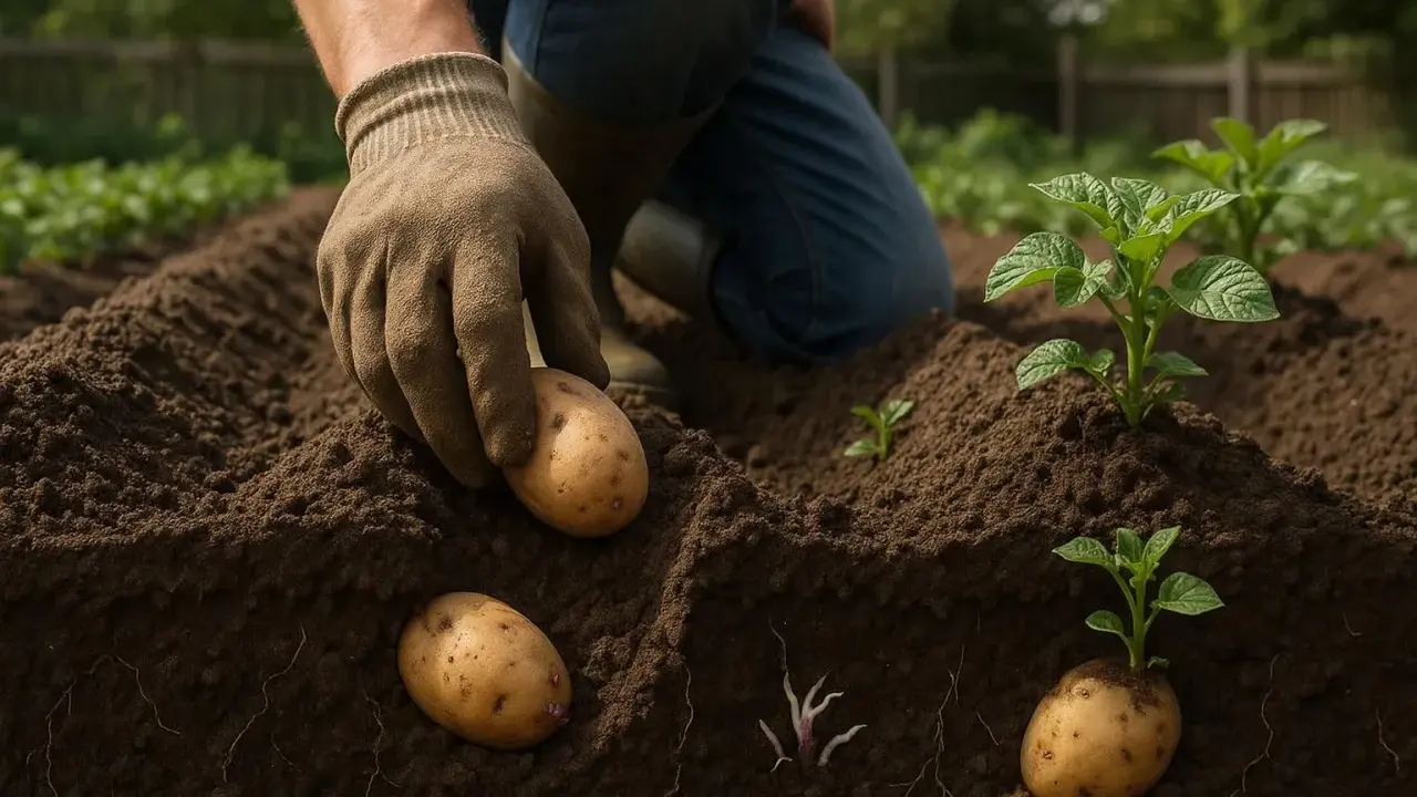 Main d'un jardinier plantant des pommes de terre, assurant un bon espacement pour une croissance optimale.