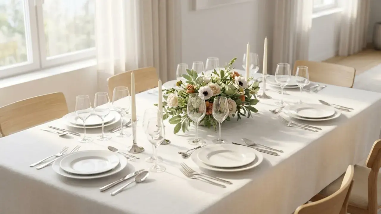 Élégant dressage d'une table à la française, avec un centre de table floral, des bougies et des couverts en argent.