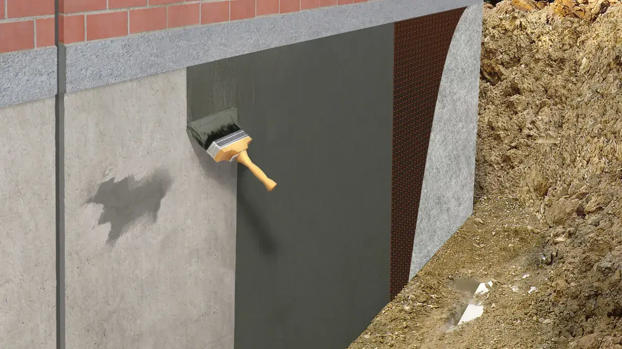 Aplicación de membrana para impermeabilizar pared exterior. Se ve una brocha aplicando material sobre el muro de concreto, seguido de una capa protectora y tierra.