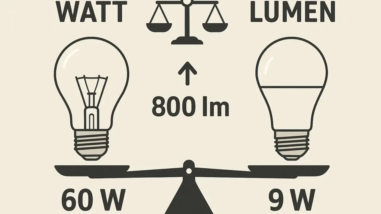 Balance comparant la puissance d'une ampoule incandescente (60W) à celle d'une ampoule LED (9W) pour une luminosité équivalente de 800 lumens.