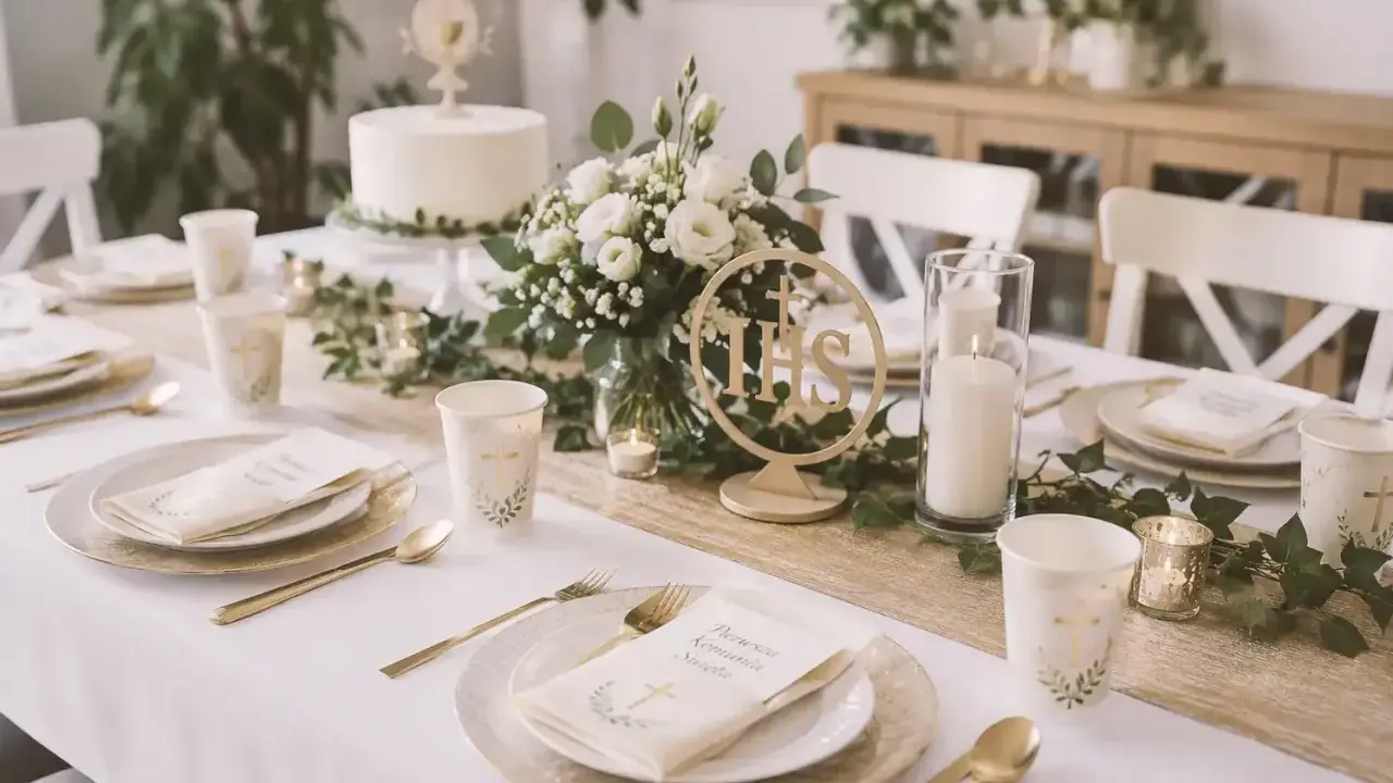Elegancko nakryty stół na komunię w domu. Złote sztućce, białe róże i tort. Idealne atrakcje dla dzieci na komunię w domu.