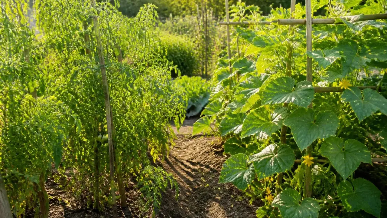 Un potager ensoleillé avec des plants de tomates et une belle association concombre potager, le tout soutenu par des tuteurs en bambou.