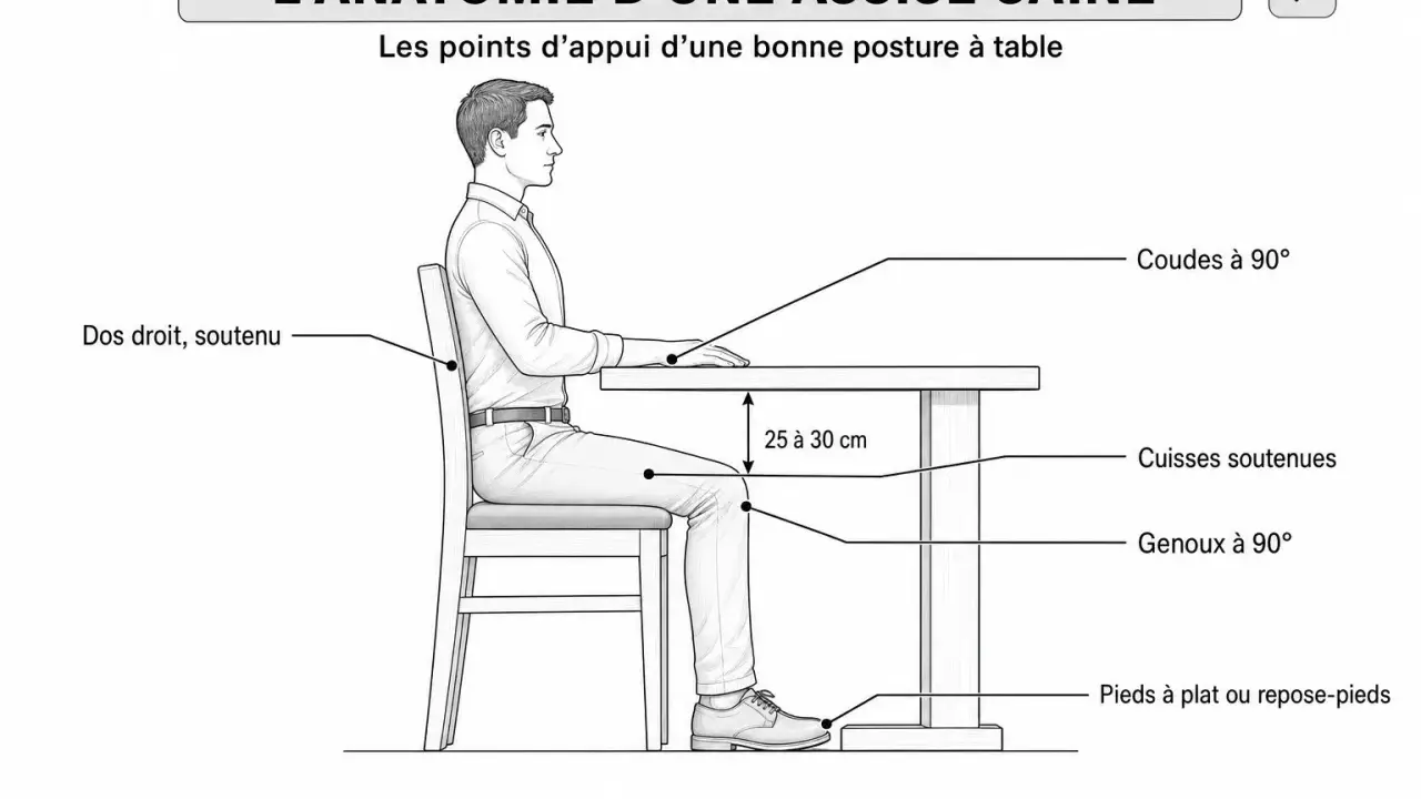 Illustration d'une dimension personne assise droite, dos soutenu, genoux et coudes à 90°, cuisses soutenues, pieds à plat.