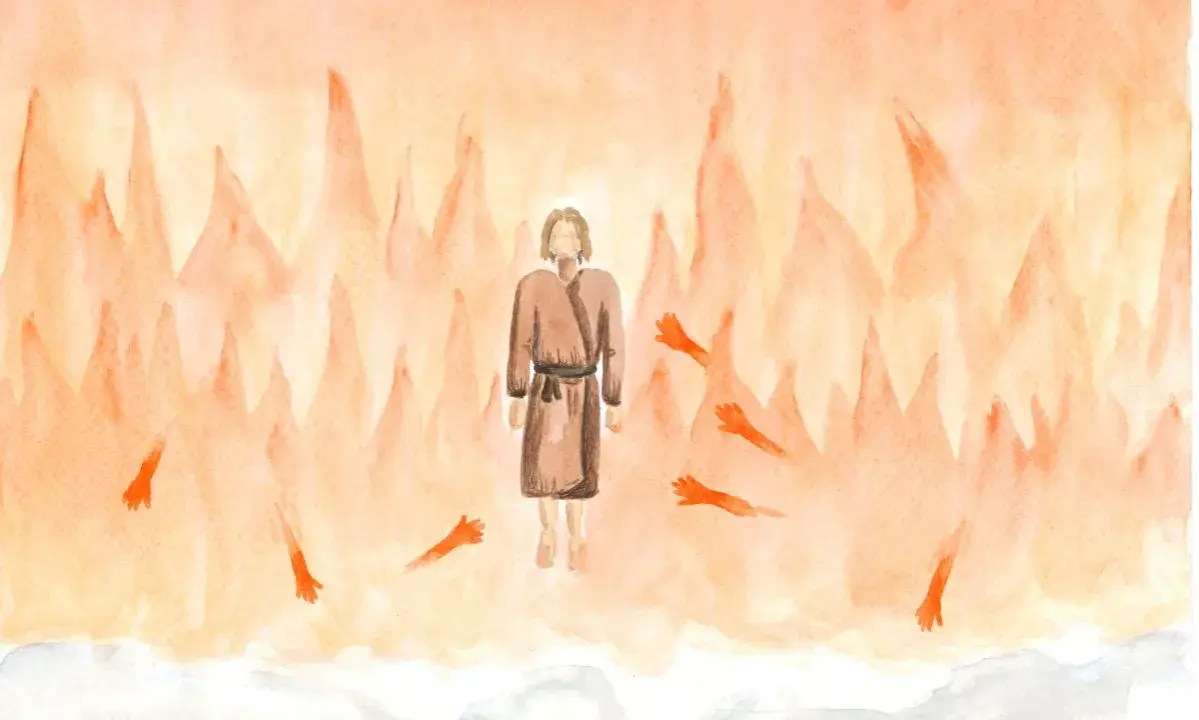 Prophet Amos im Religionsunterricht: Eine Vision von Flammen und ausgestreckten Händen, die eine Botschaft der Hoffnung vermitteln.