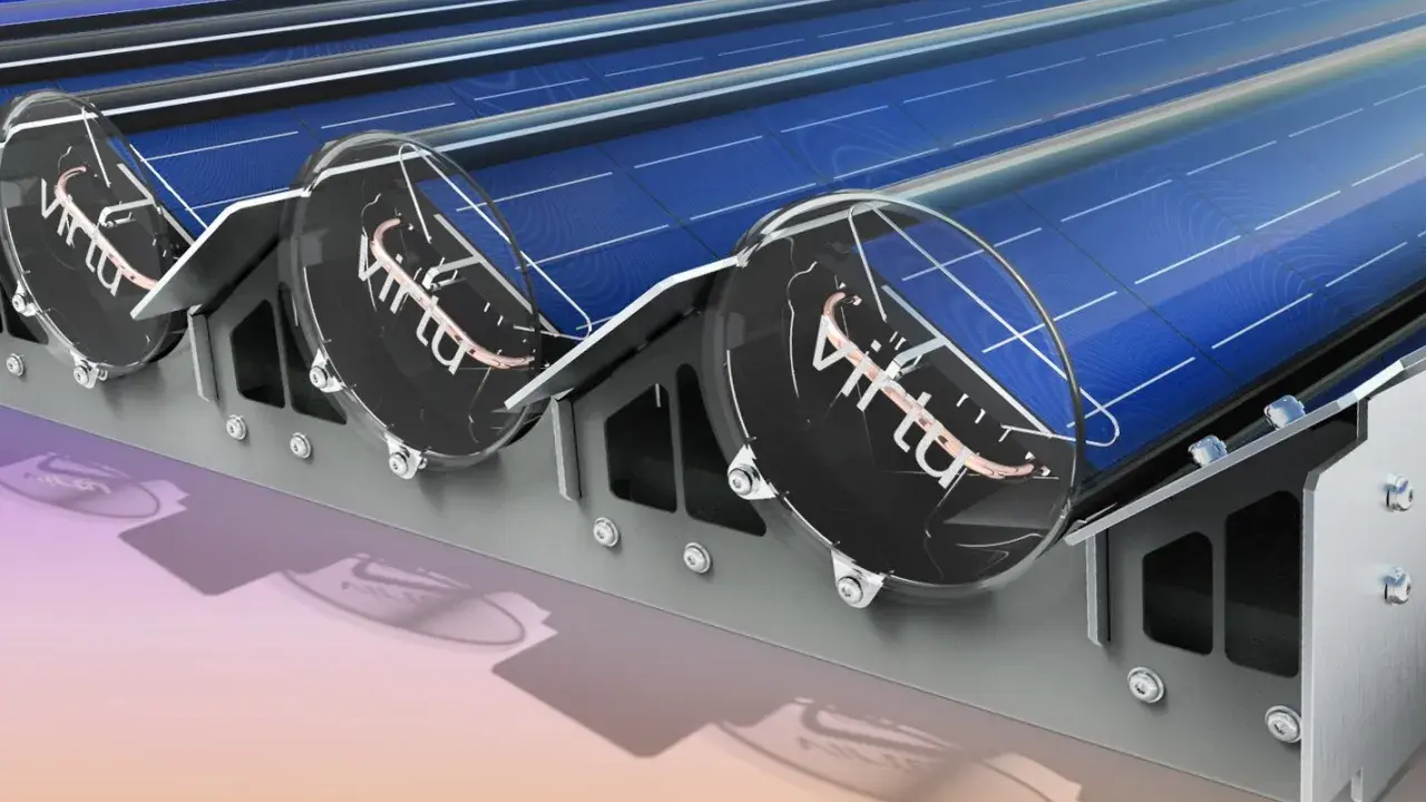 Panneau solaire avec des disques transparents et un logo "Virtu". Le tube solaire est intégré dans une structure métallique.