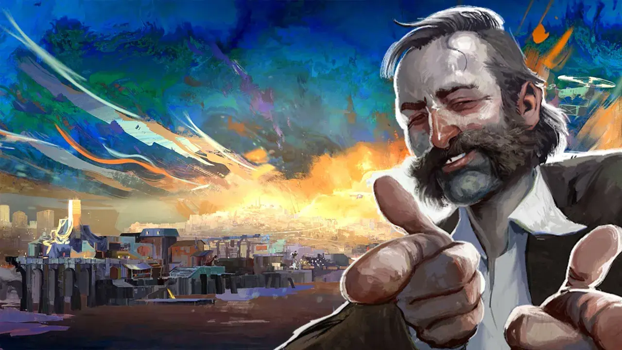 Harrier Du Bois z Disco Elysium, z kciukami w górę, na tle surrealistycznego, kolorowego nieba i miasta.