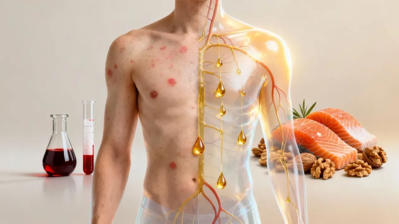 Skóra z wysypką i naczynia krwionośne z kroplami oleju, obok łosoś i orzechy. Objawy niedoboru omega-3 mogą być widoczne na skórze.