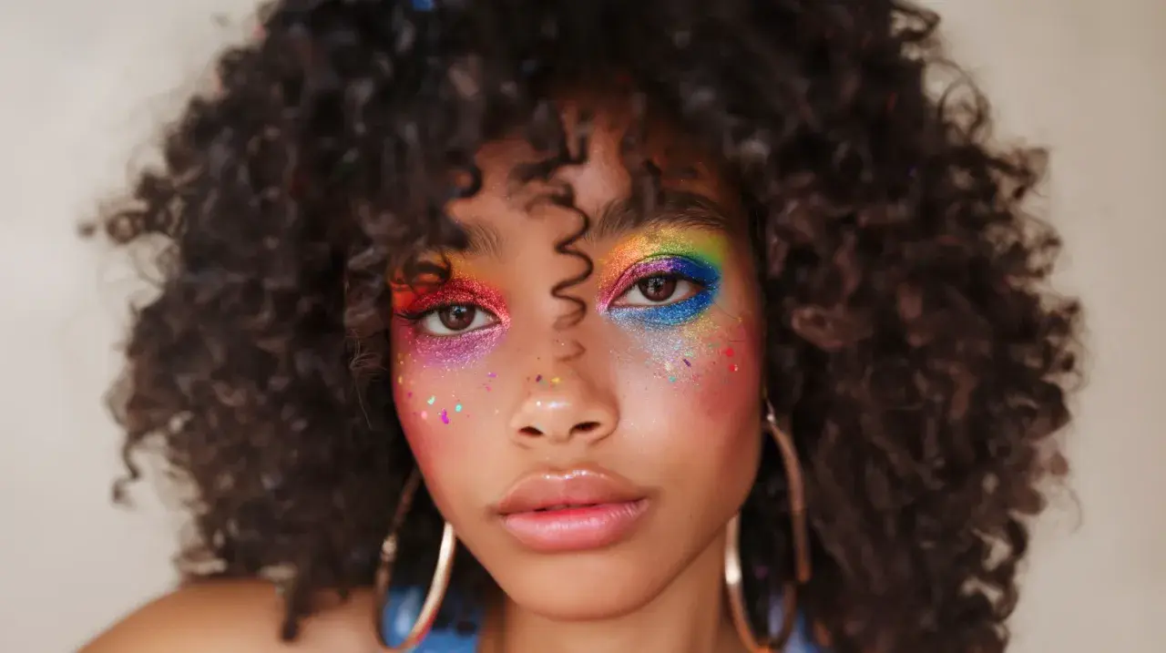 Un rostro con un vibrante maquillaje de ojos arcoíris y purpurina, celebrando la diversidad y el orgullo.