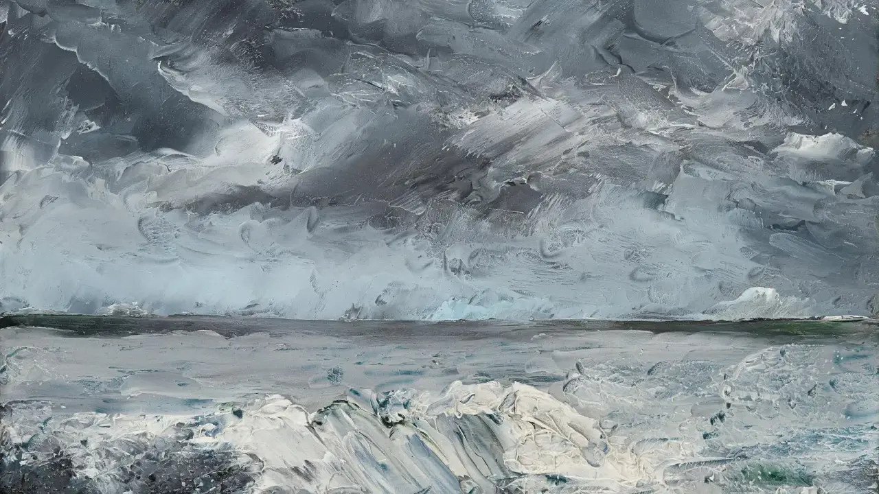 En dramatisk havsvy med tjocka, virvlande penseldrag som skapar en känsla av storm. En av många strindberg tavlor som fångar naturens råa kraft.