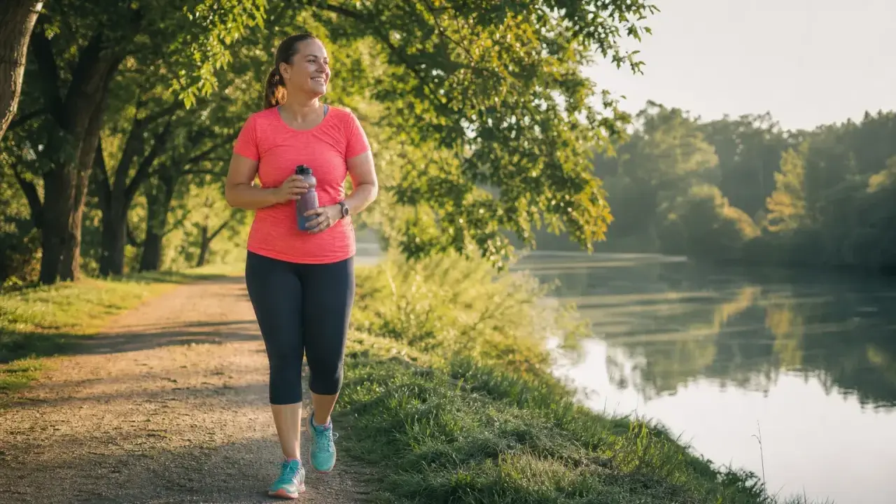 Frau genießt ihr Lauftraining am See. Nach 1 Monat Joggen fühlt sie sich fitter und strahlt Selbstvertrauen aus.