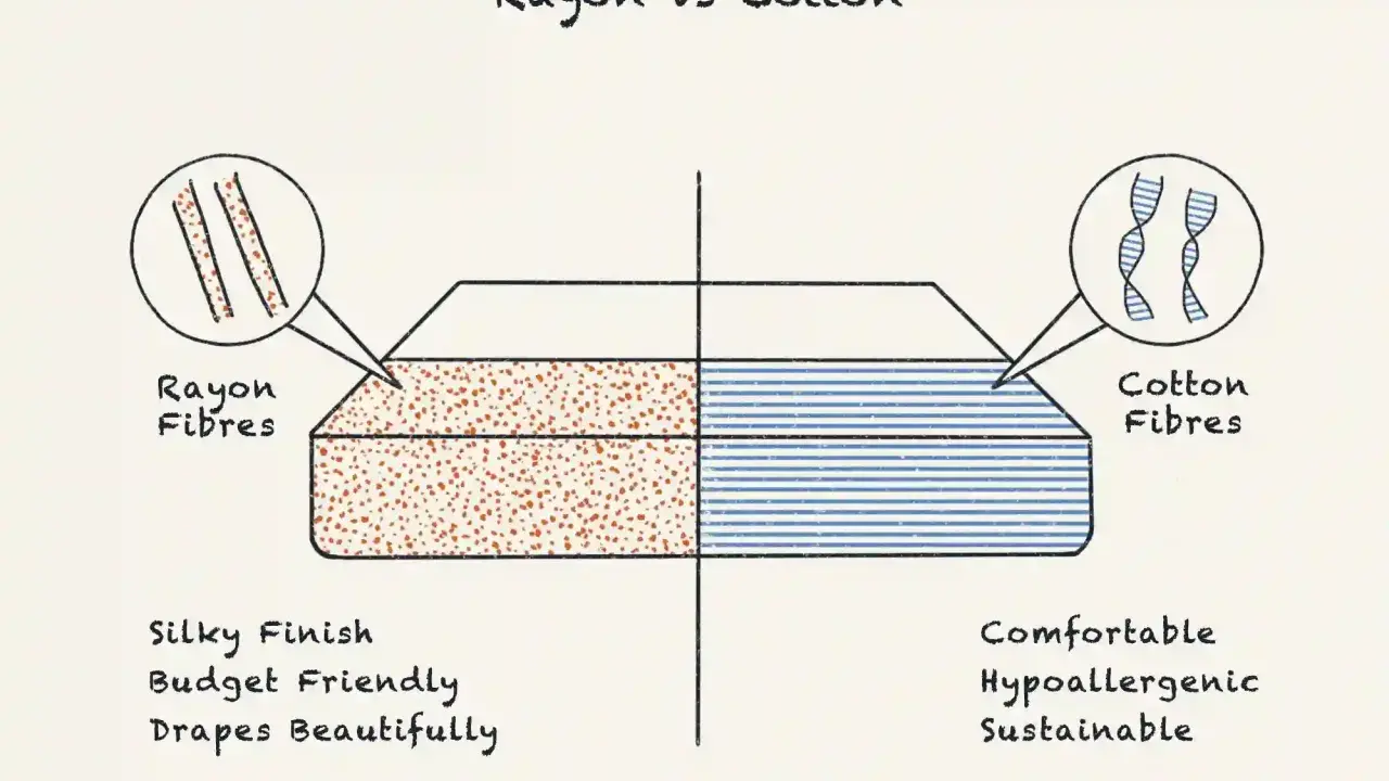 Rayon vs Cotton comparison. Rayon fibers are shown with a silky finish, budget-friendly, and drapes beautifully. Is rayon a good fabric? Yes, for these qualities!