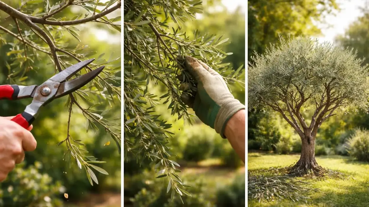 Tricolore montrant la taille d'un olivier d'ornement : sécateur, main gantée cueillant des olives, et l'arbre taillé dans un jardin ensoleillé.
