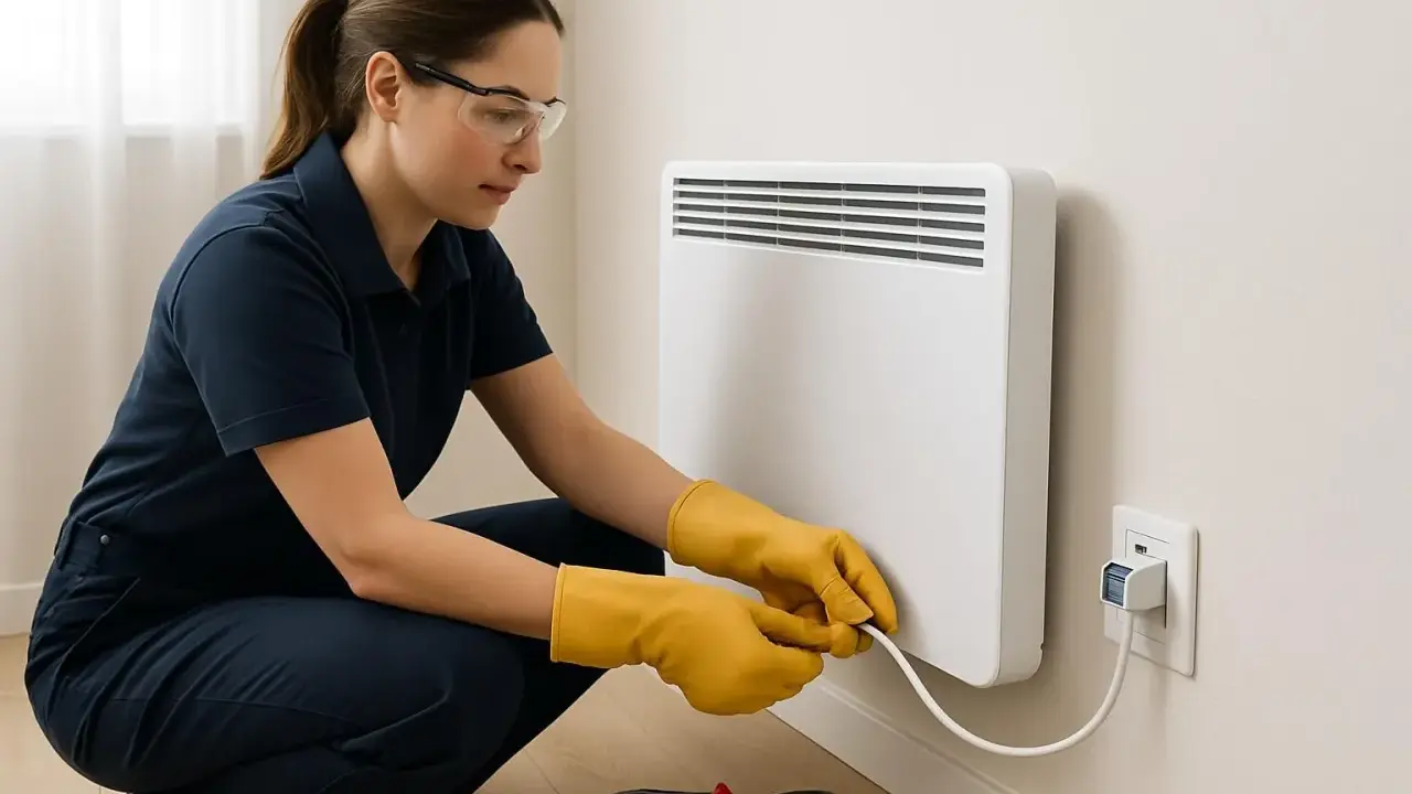 Une femme en gants jaunes manipule le câble blanc d'un radiateur électrique. La couleur fils radiateur electrique est blanc.