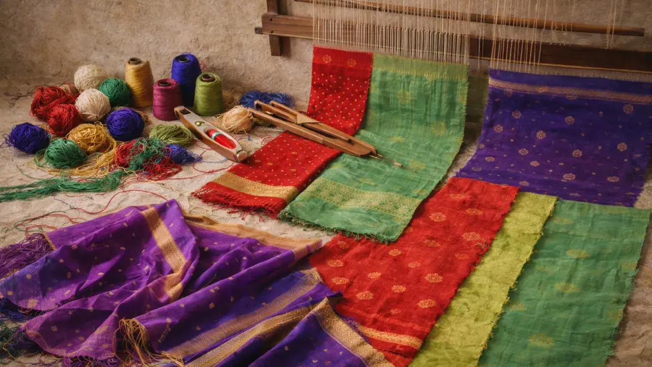 Vibrant Indian textiles, including colorful yarn balls, a weaving shuttle, and richly patterned fabrics in red, green, and purple, are laid out near a loom.