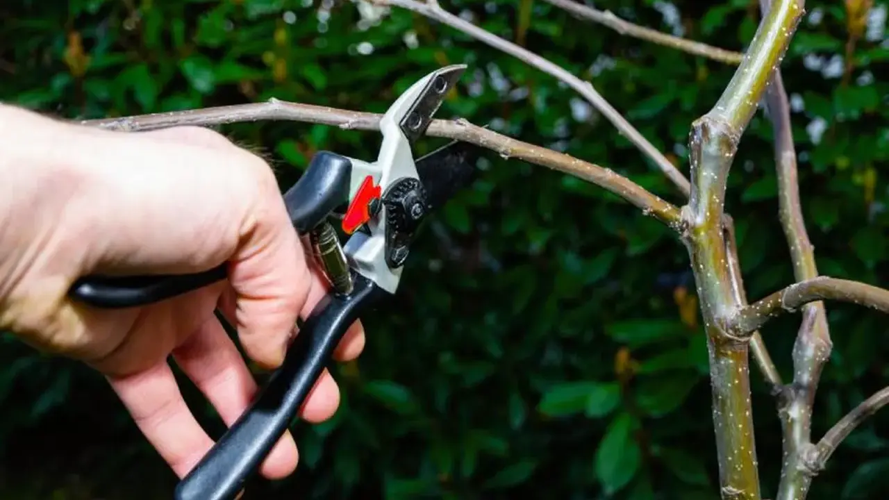 Mano podando una rama de manzano con tijeras de podar. Es el momento ideal cuando se podan los manzanos para asegurar una buena cosecha.