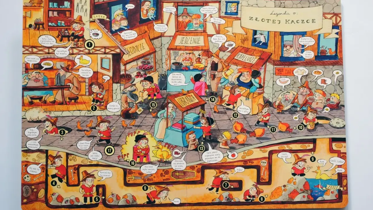 Ilustracja do legendy o Złotej Kacze. Dzieci szukają skarbu, spotykają kupców i zwierzęta.