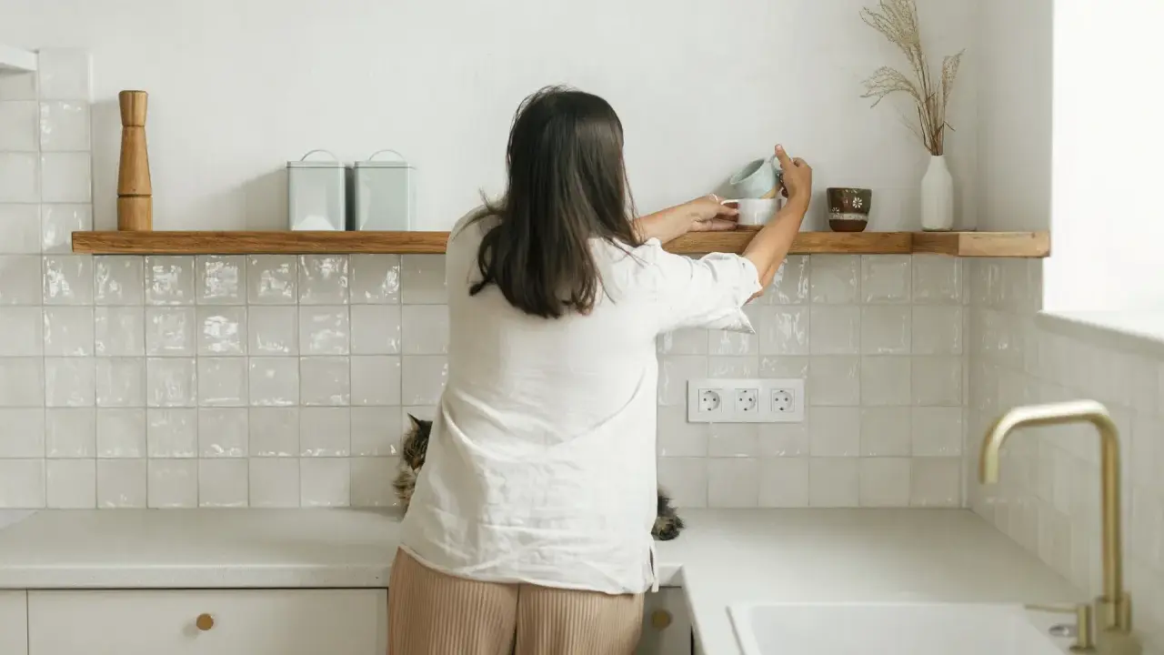Kobieta układa kubki na drewnianych, otwartych półkach w kuchni. Obok kotek obserwuje porządki.