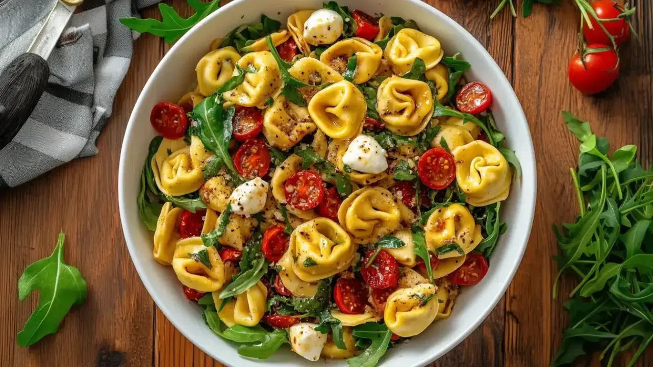 Bunter Tortellinisalat mit Kirschtomaten, Mozzarella-Kugeln und Rucola – perfekt für schnelle Partysalate.