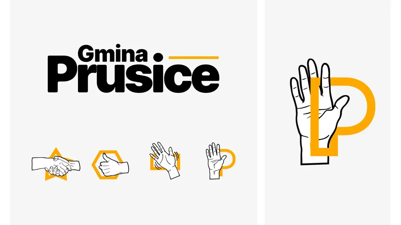 Logo Gminy Prusice. Kolor biały symbolika czystości i otwartości. Dłonie symbolizują współpracę i pozdrowienie.