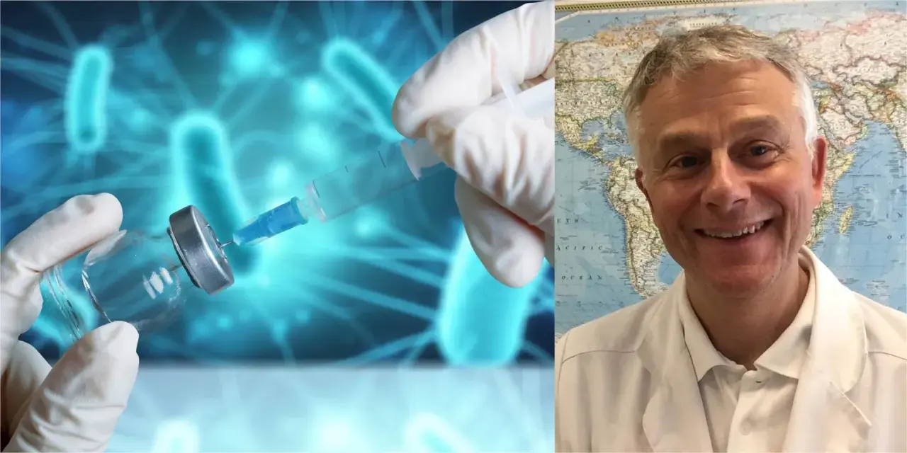 Läkare med världskarta bakom sig, bredvid bild på vaccin och spruta. Frågan "vilka vaccin har jag" kan besvaras med hjälp av denna expert.