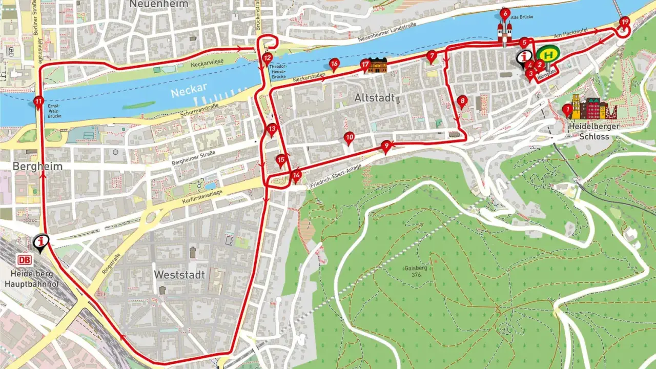 Karte mit einer roten Route, die Sehenswürdigkeiten in Heidelberg verbindet, vom Hauptbahnhof über den Neckar und das Schloss.