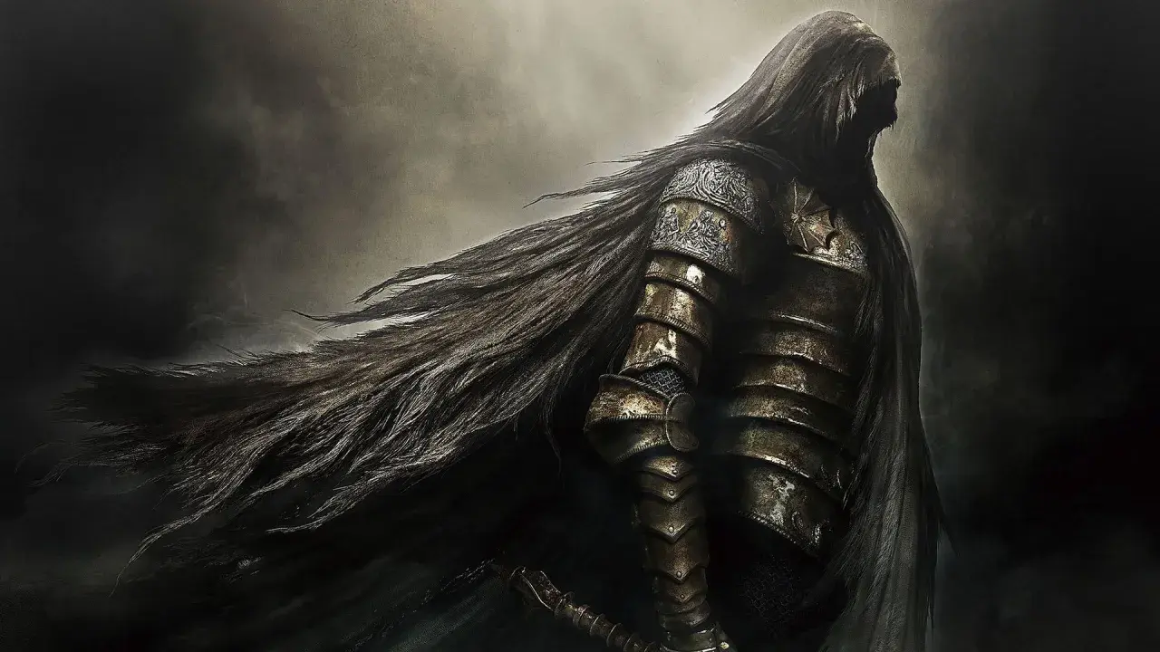 Rycerz w zbroi, z długimi włosami rozwianymi przez wiatr, jak w grach podobnych do Dark Souls.