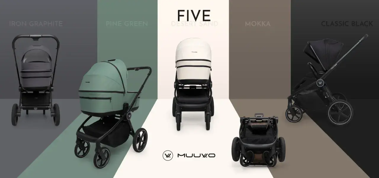 Wózki spacerowe Muuvo w różnych kolorach: Iron Graphite, Pine Green, Five Desert Sand, Mokka i Classic Black.
