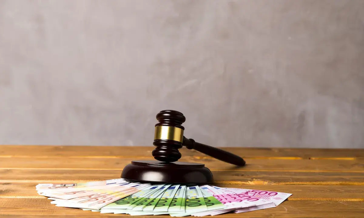 Młotek sędziowski na euro symbolizuje alimenty ojca w Polsce, gdy dziecko mieszka za granicą.