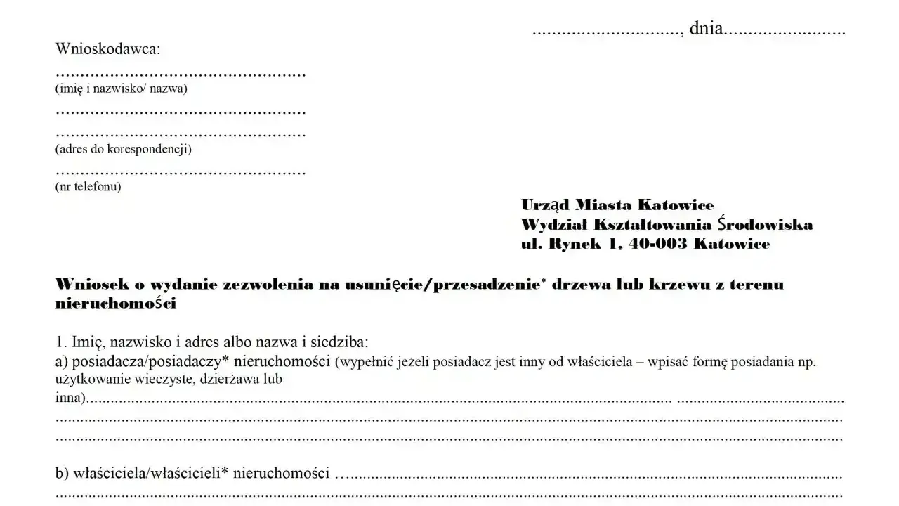 Wniosek o zezwolenie na wycinkę drzew owocowych. Dokument zawiera dane wnioskodawcy i informacje o nieruchomości.