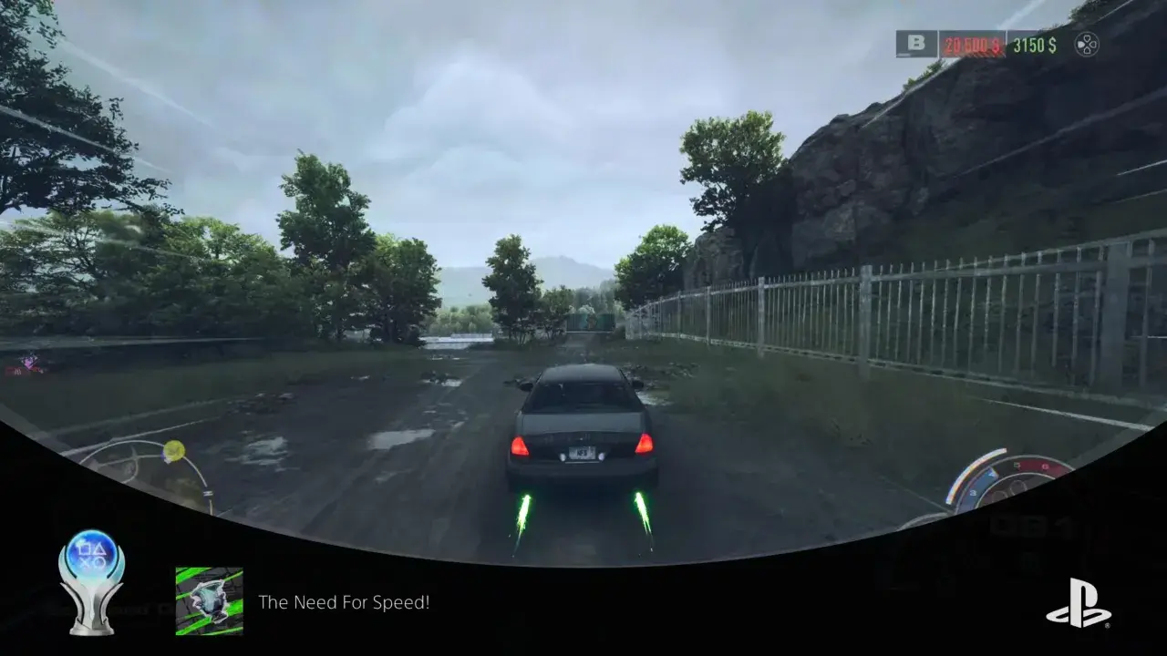 Trofea NFS Unbound zdobyte! Widok z gry na samochód jadący po mokrej drodze, z zielonymi płomieniami z wydechu.