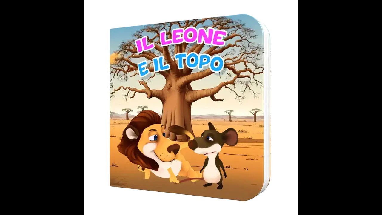 Copertina libro "Il leone e il topo", divisione in sequenze. Un leone riposa sotto un albero mentre un topolino lo osserva.
