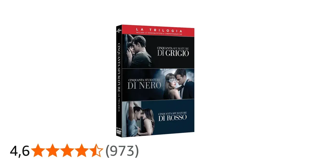 La trilogia di "Cinquanta sfumature" in DVD, con le copertine dei tre film: Grigio, Nero e Rosso.