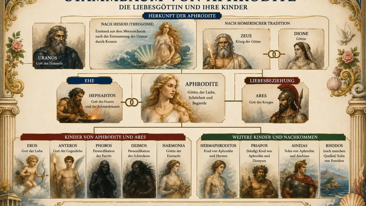Stammbaum der Aphrodite: Eros, der Sohn der Aphrodite, ist als Gott der Liebe dargestellt.