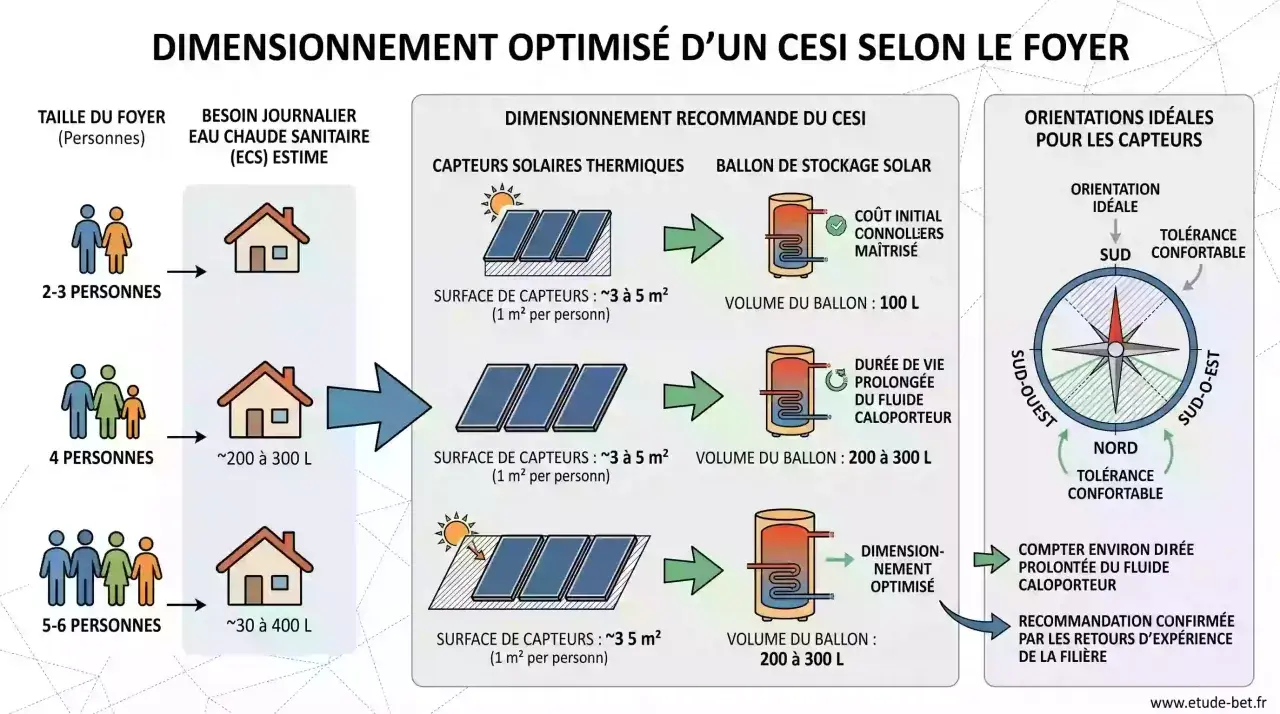 Schéma de dimensionnement d'un CESI pour un foyer, incluant la taille des capteurs solaires thermiques et le volume du ballon de stockage.
