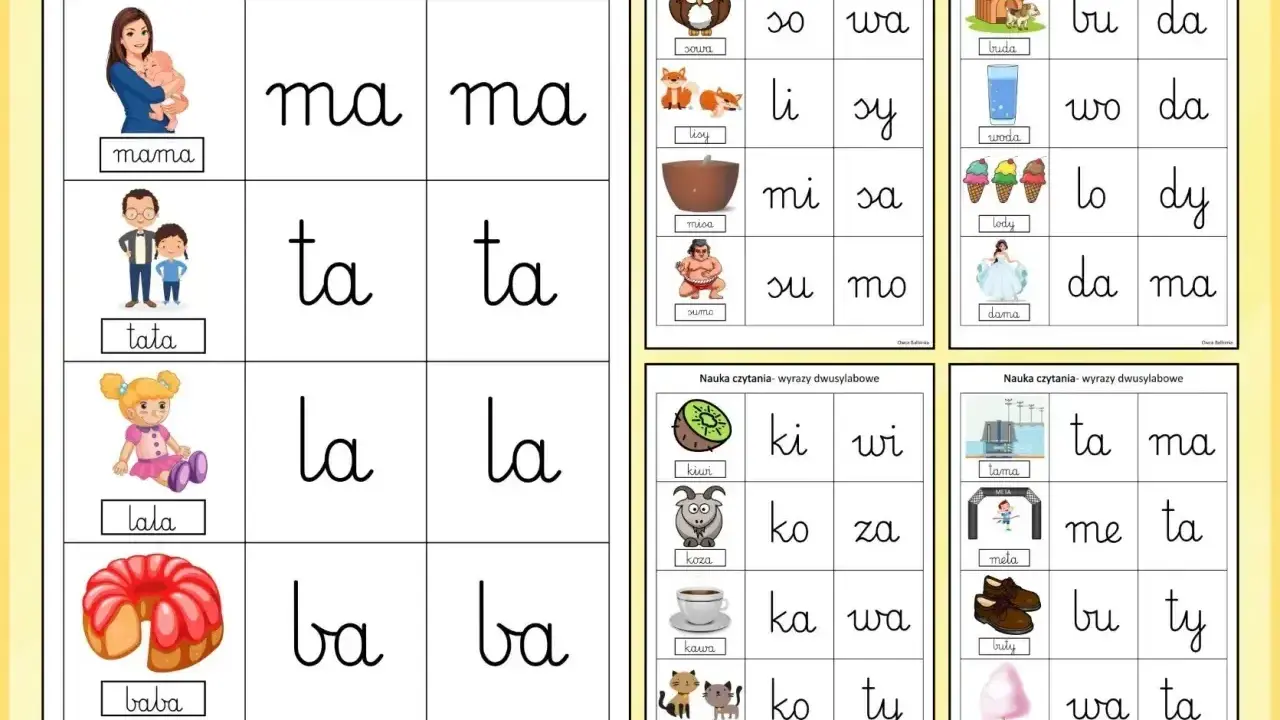 Kolorowe karty z czytanki sylabowe do druku. Pomagają w nauce czytania dwusylabowych wyrazów, ilustrując słowa takie jak "mama", "tata", "lala", "baba".