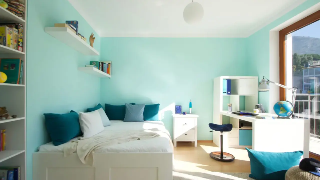 Habitación juvenil con paredes verde menta. La decoración combina tonos turquesa en cojines y accesorios, creando un ambiente fresco y moderno.