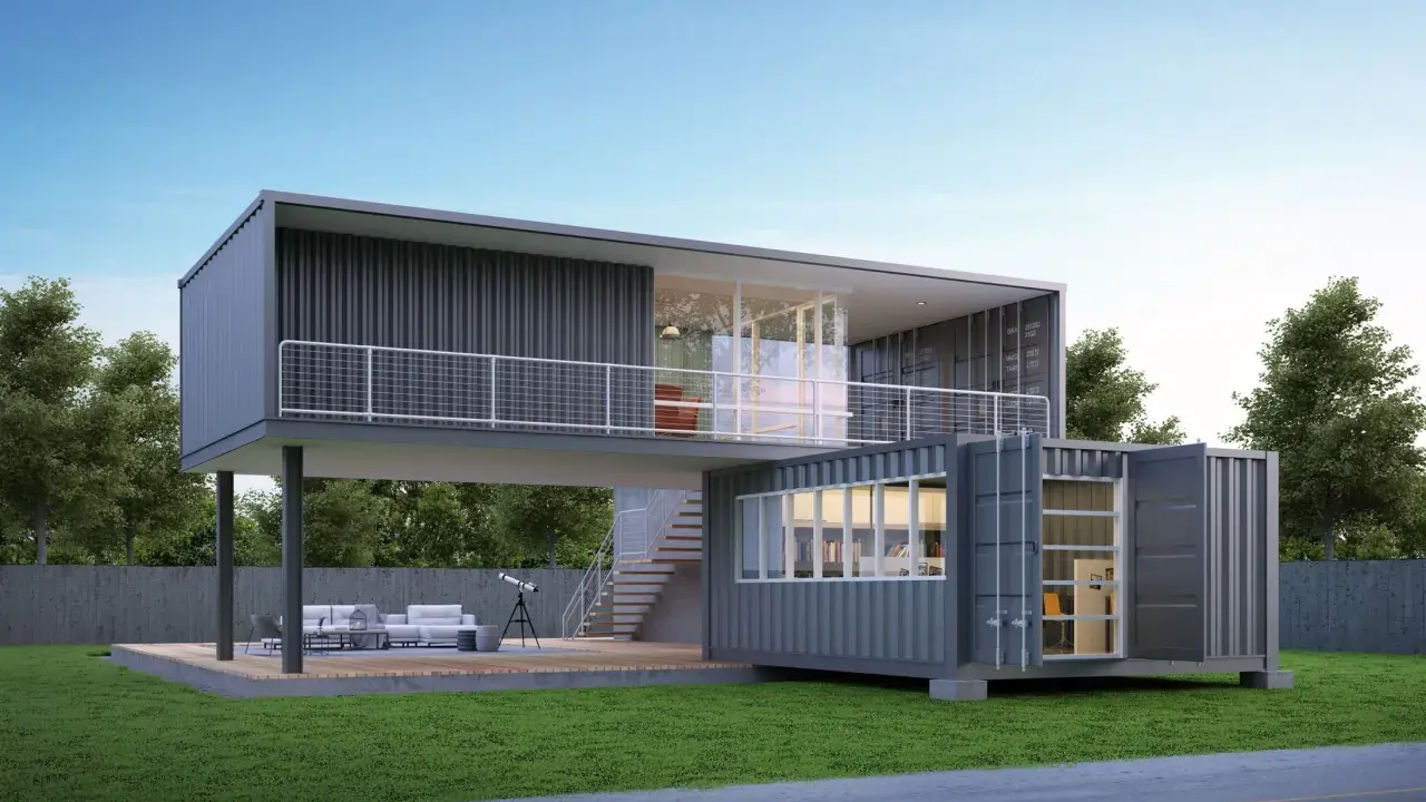 Maison en container moderne, deux niveaux, avec terrasse et escalier extérieur. Le prix de cette maison en container est attractif.