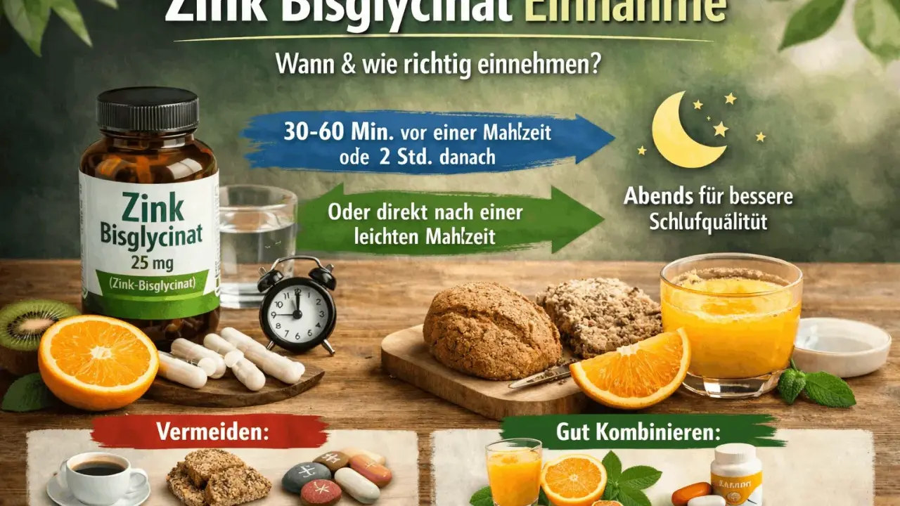 Zink Bisglycinat: Wann einnehmen? Vor oder nach leichter Mahlzeit, abends für Schlaf. Vermeide Kaffee, Getreide, Eisen & Calcium. Kombiniere mit Vitamin C.