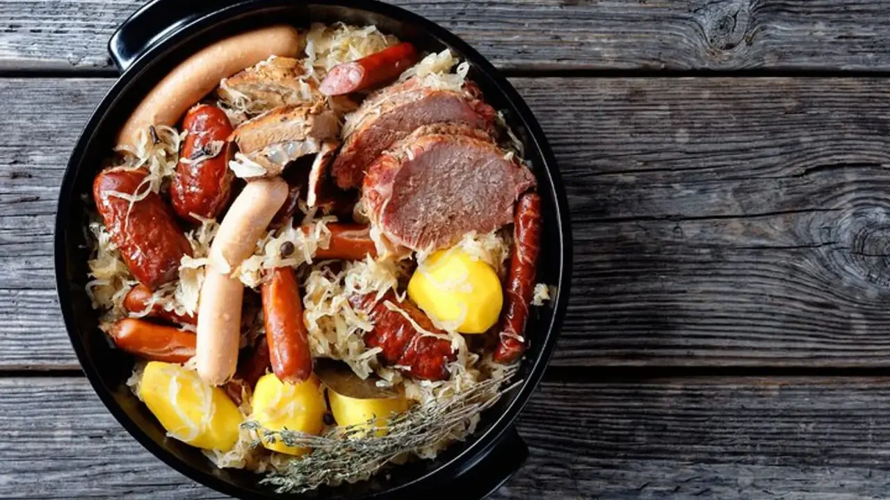Choucroute garnie, un plat emblématique des alsace spécialités culinaires, avec saucisses, viandes et pommes de terre dans une cocotte.