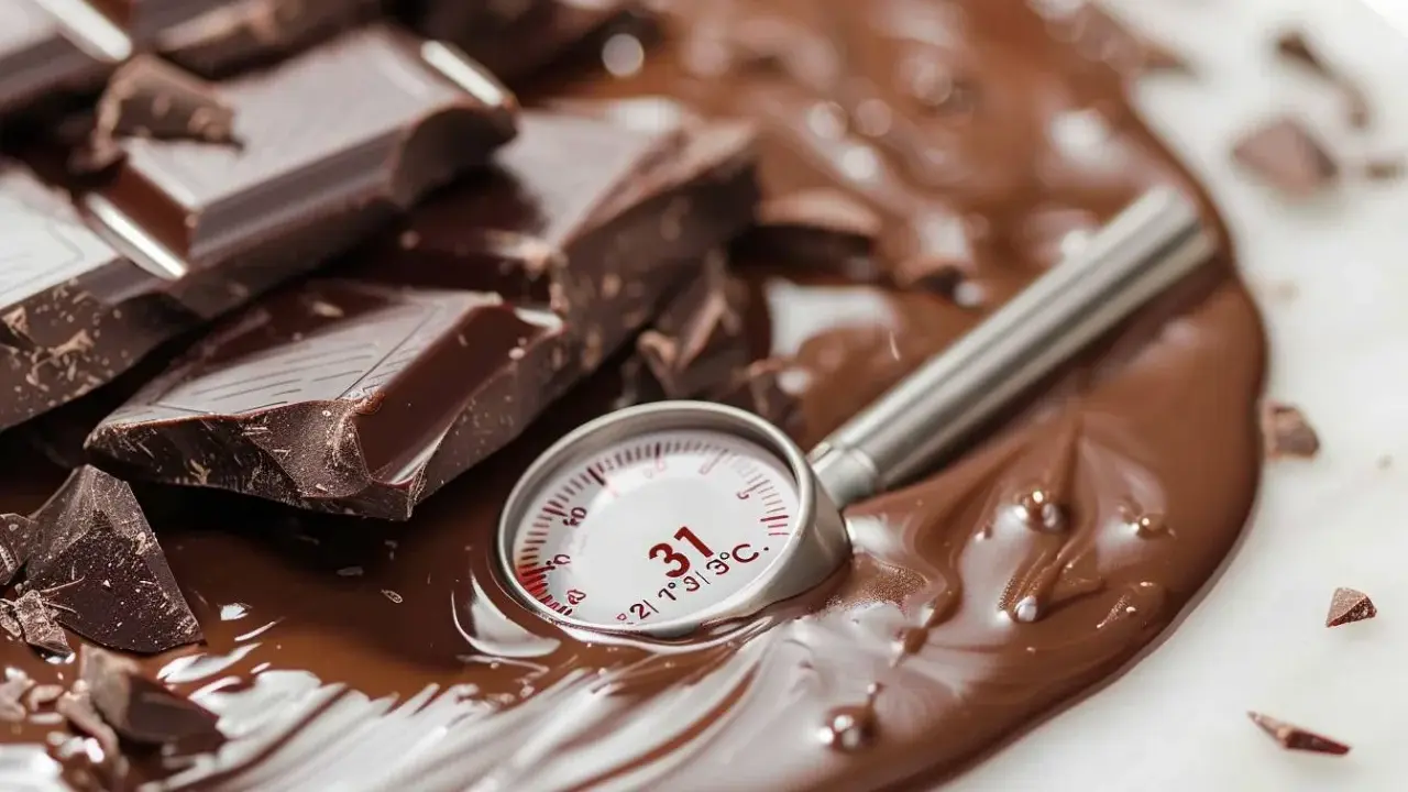 Morceaux de chocolat noir fondus, un thermomètre indiquant 31°C, parfait pour le temperage chocolat au lait.