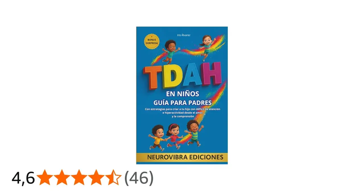 Portada de libro "TDAH en niños: Guía para padres", con ilustraciones de niños y arcoíris. Explica el TDAH para niños.