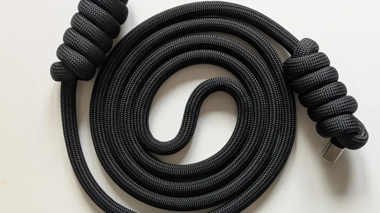 Schwarzes Seil mit Metallenden, kunstvoll zu einer Spirale gewickelt. Der rope flow erzeugt ein faszinierendes Muster.