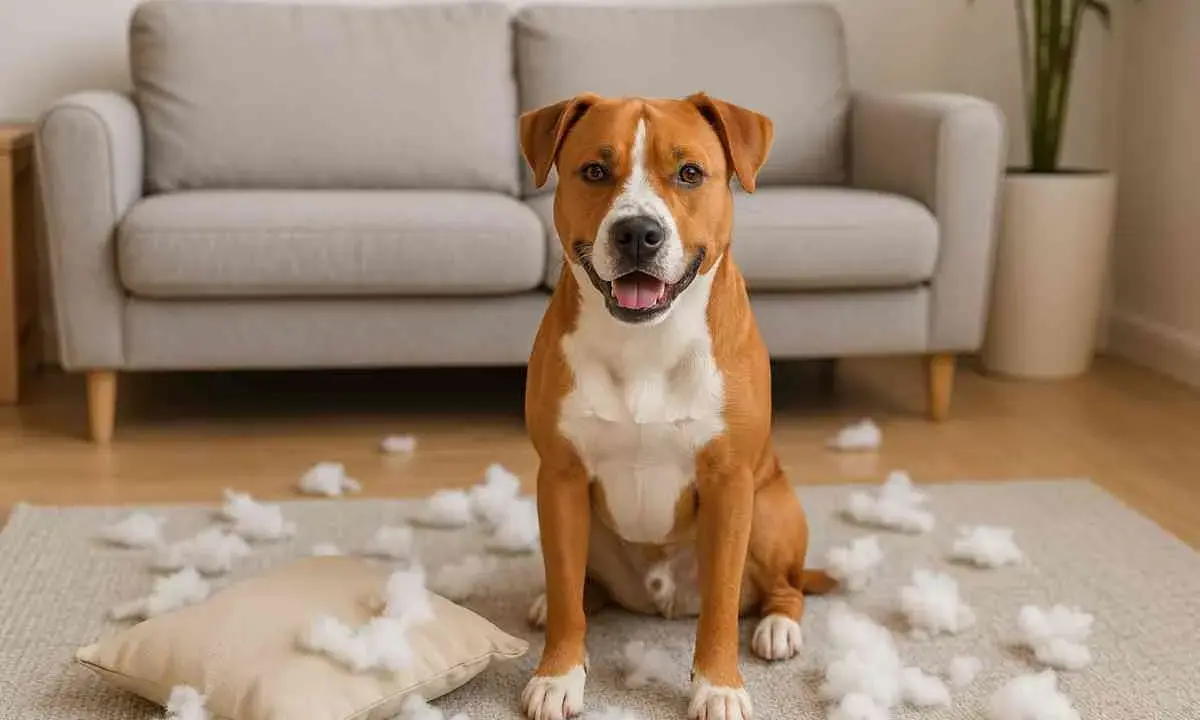 Un chien au poil roux et blanc, assis au milieu d'un salon, entouré de rembourrage de coussin. Un vrai chien destructeur, que faire ?
