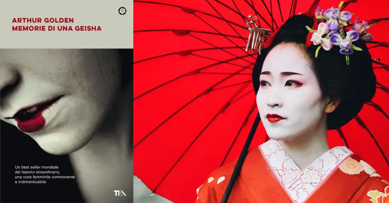 Copertina di "Memorie di una geisha" con una geisha in primo piano e un dettaglio delle labbra.